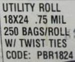 PBR1824 - Bags Utility 18x24 Roll .75mil w/twist ties 250ct