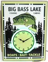 4206 -Clock tin neon big bass lake 15x11in